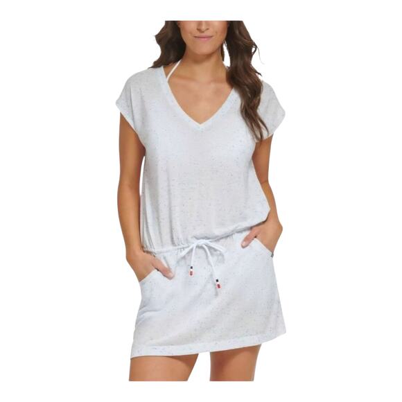 Tommy Hilfiger Women’s Drawstring Cover-Up Dress Soft White Multi Size S/M - Picture 1 of 4